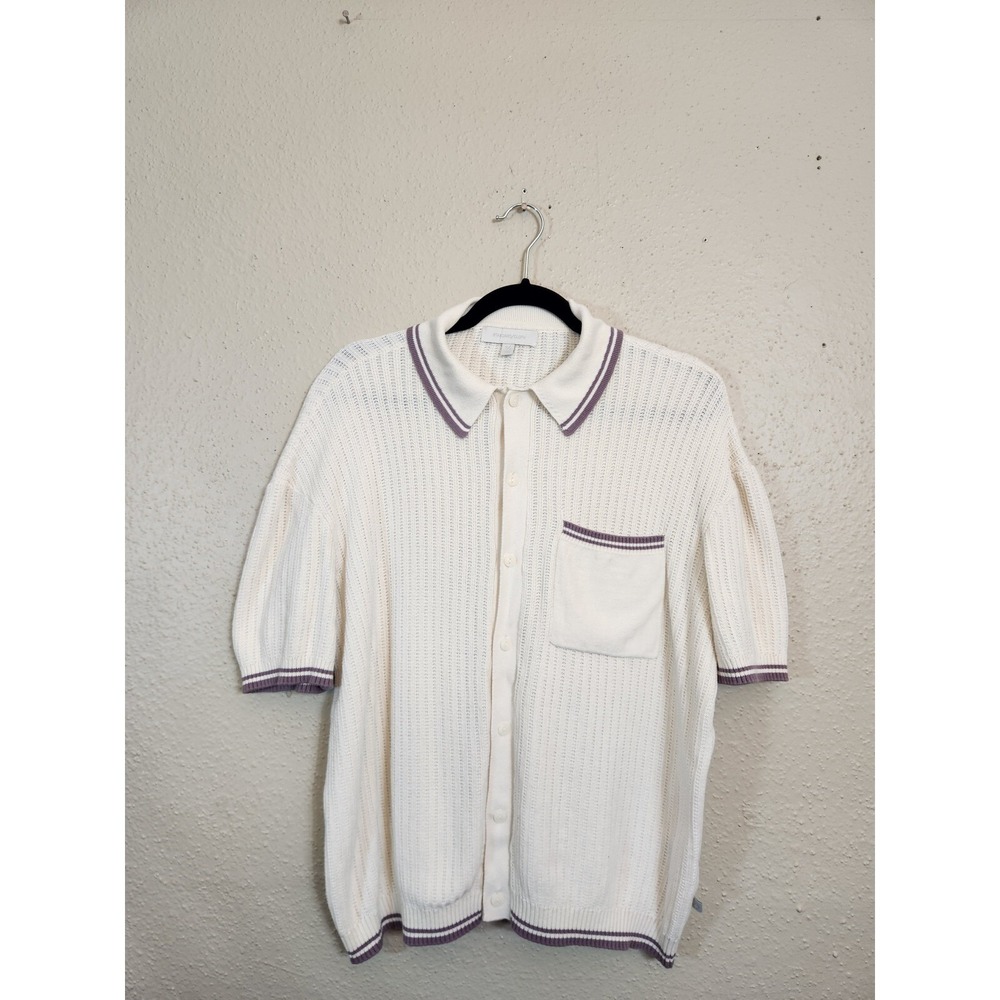 Standard Cloth Women S Ivory Knit Polo Shirt Striped Trim Short Sleeve Button Up